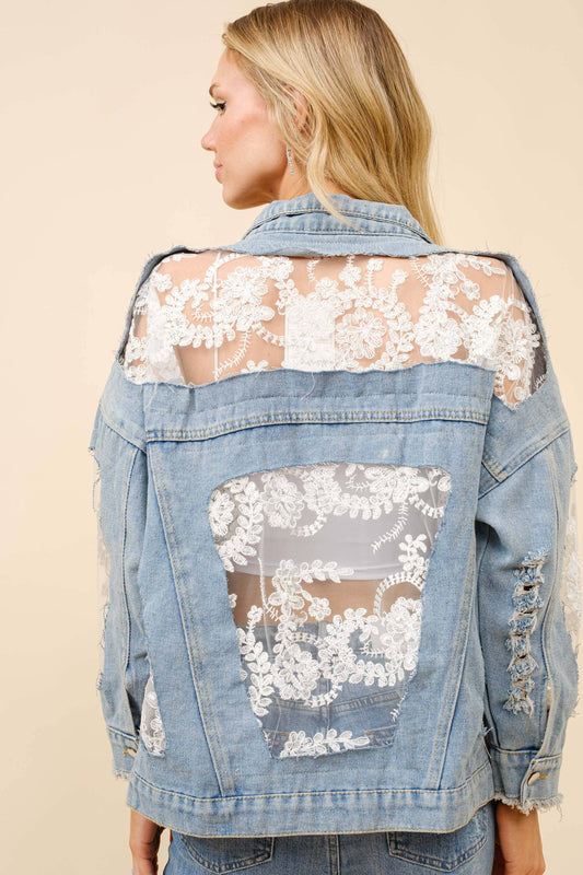 Denim Jacket with Lace Inset Raw Detail Oversized