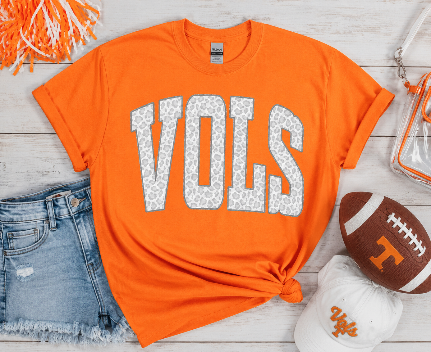 Pressed in Chaos - White Leopard VOLS Game Day Tee - Tennessee Football Shirt - Orange Gildan Unisex Fit Boutique Tee