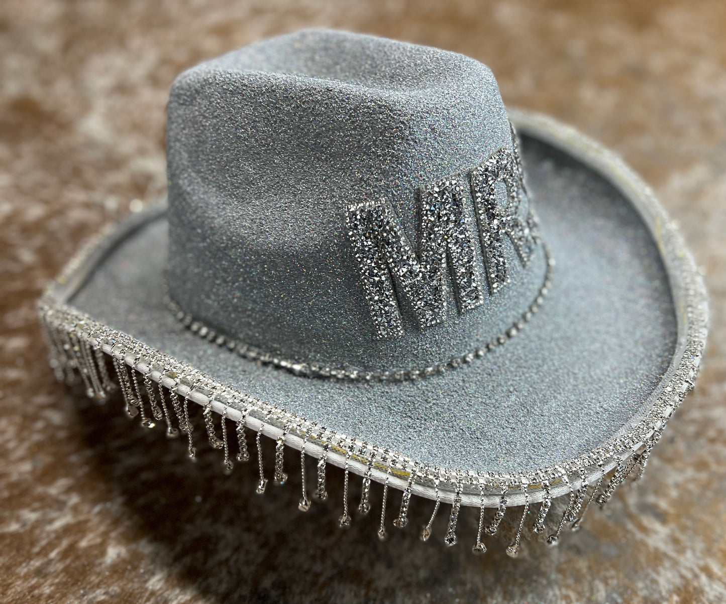 Silver MRS Rhinestone Tassel Cowboy Hat