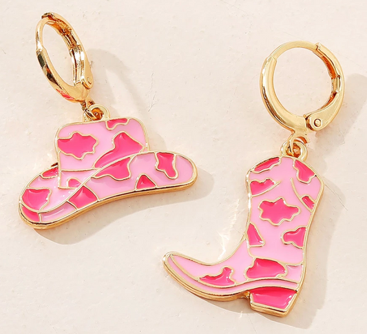 Pink Cowprint Cowboy Hat/Boot Earrings